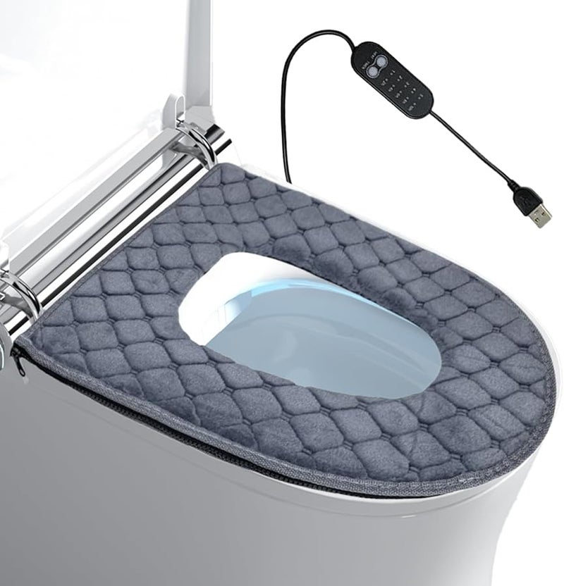 Gray Heated Toilet Seat Cover Electric Heating Pad 5 Temperature Levels Timer Washable Soft Cushion Bathroom Warmer - Image 1